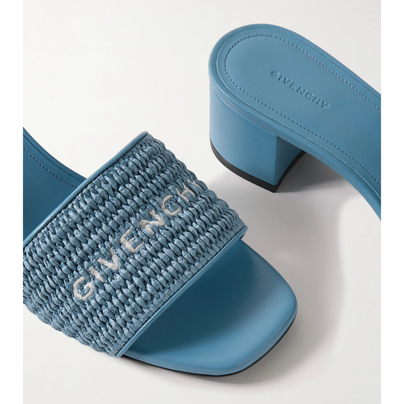 Givenchy 4G Denim Blue Raffia Logo Leather Slide On Mule Block Heel Sandal 37 - Picture 6 of 15